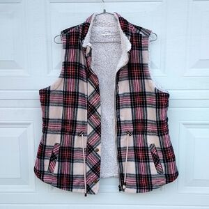 Plaid Sherpa Lined Wool Blend Red And Cream Vest